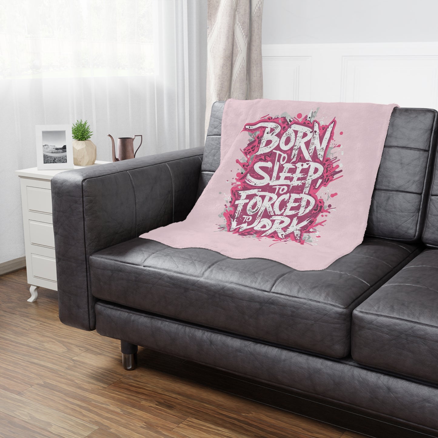 Minky Blanket — "Born to Sleep, Forced to Work" Pink Cozy Throw