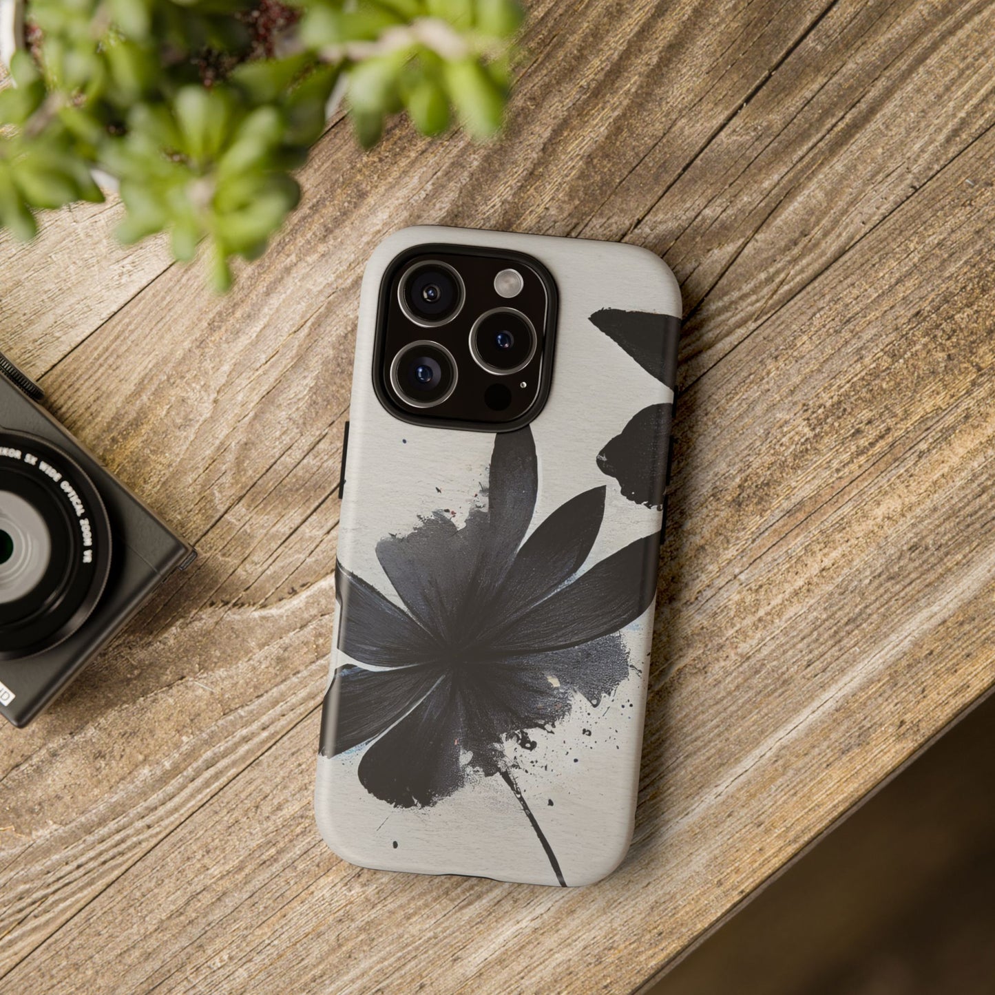 Monochrome Floral Tough Phone Case — Black Ink Flower Protective Cover