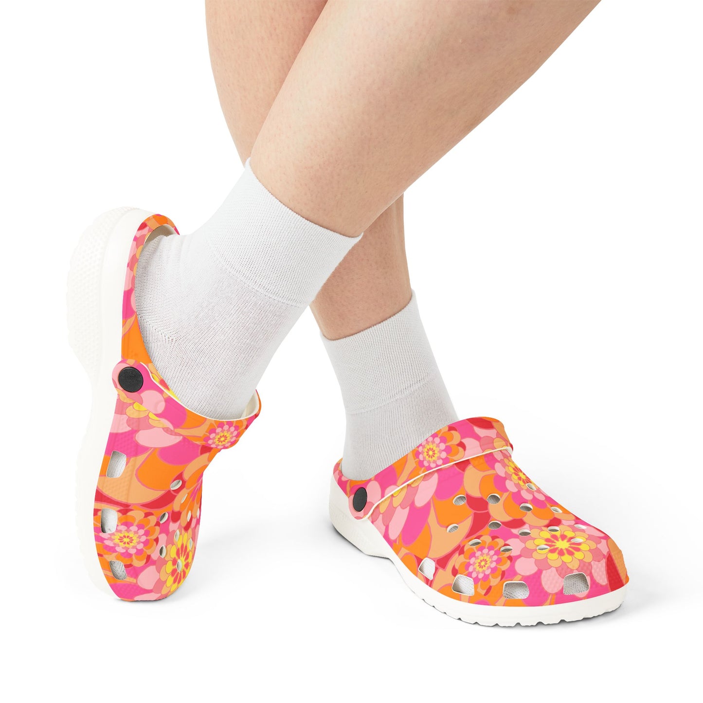 Floral Retro Foam Clogs — Pink Orange Psychedelic Garden Slip-Ons