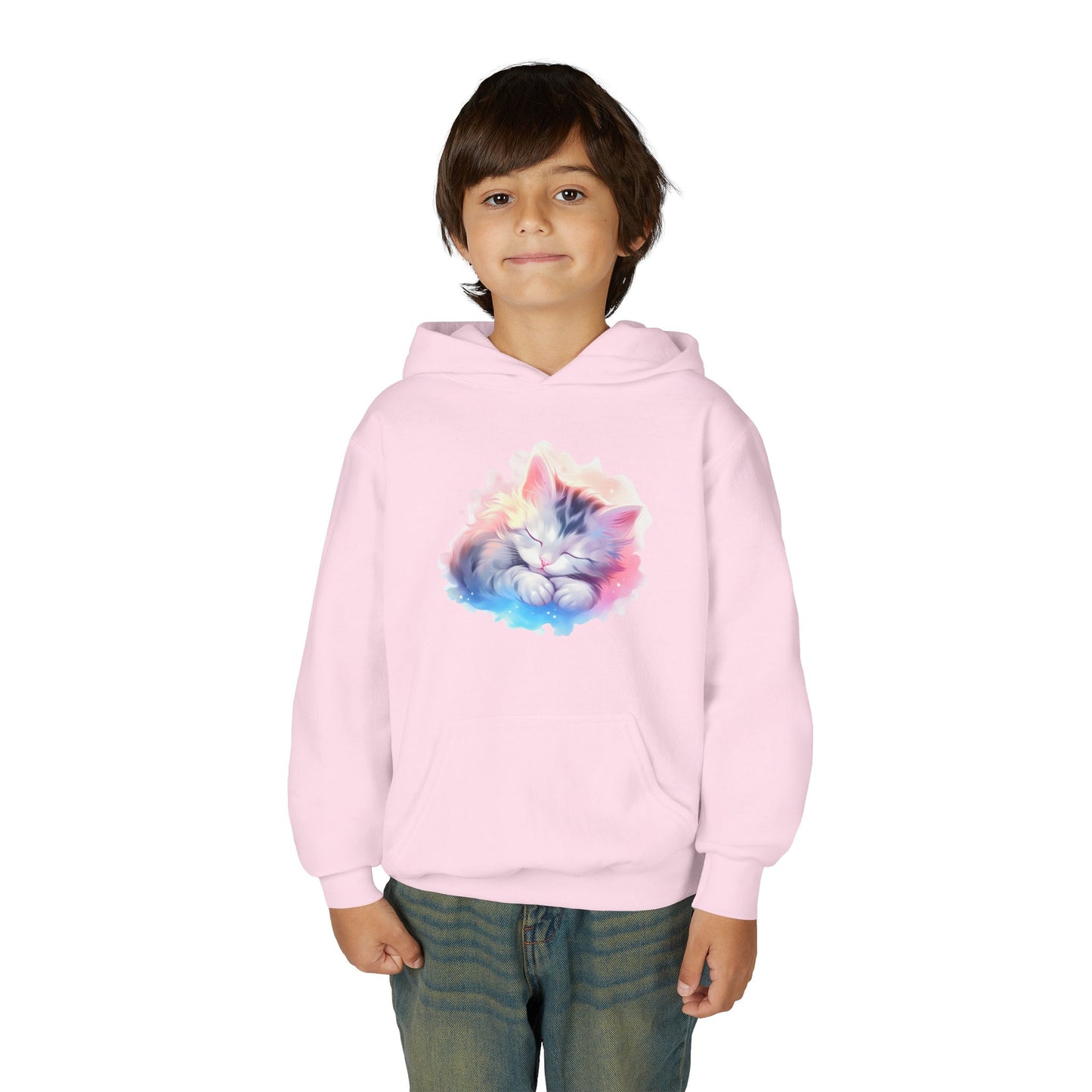 Kids' Cozy Rainbow Kitten Hoodie — Cute Sleeping Cat Youth Sweatshirt