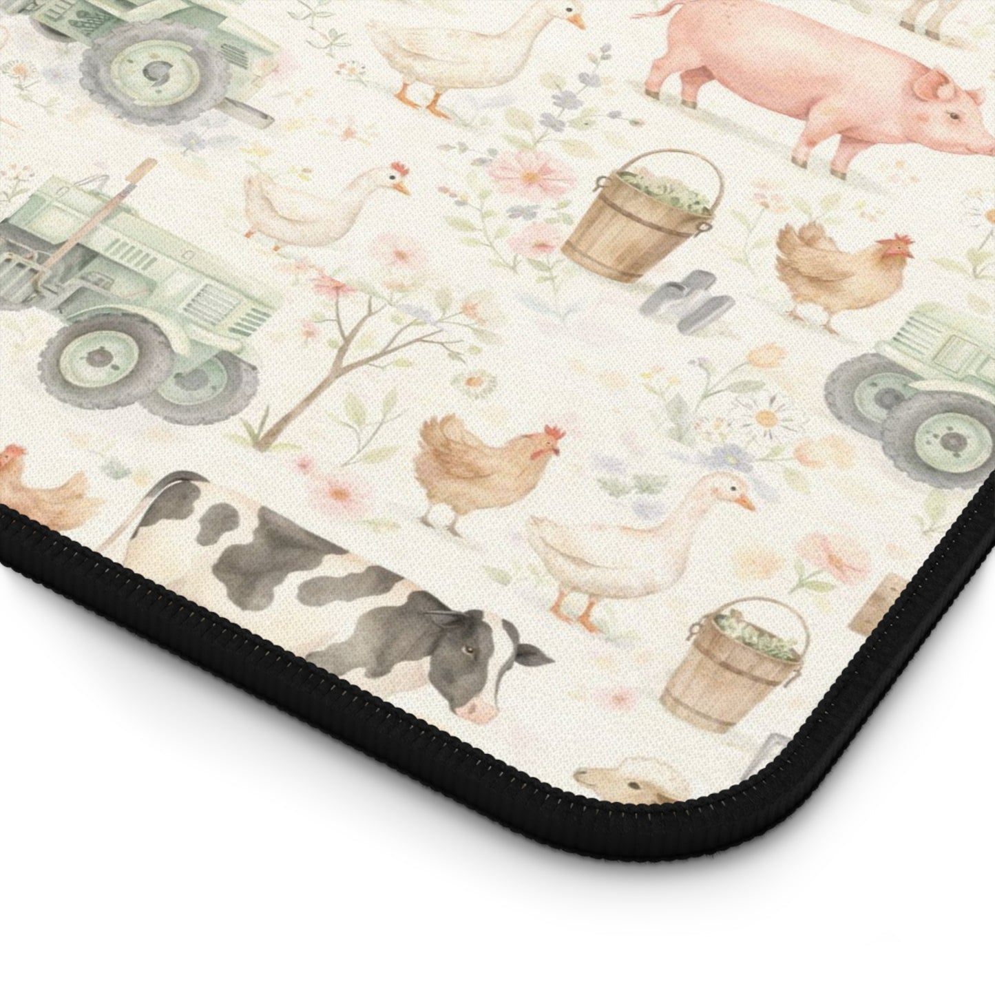 Farmhouse Animals Desk Mat — Vintage Tractor, Pig & Chicken Pattern