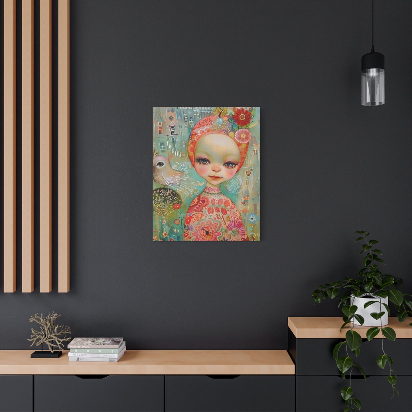 Whimsical Girl & Bird Matte Canvas Wall Art — Stretched Decorative Painting