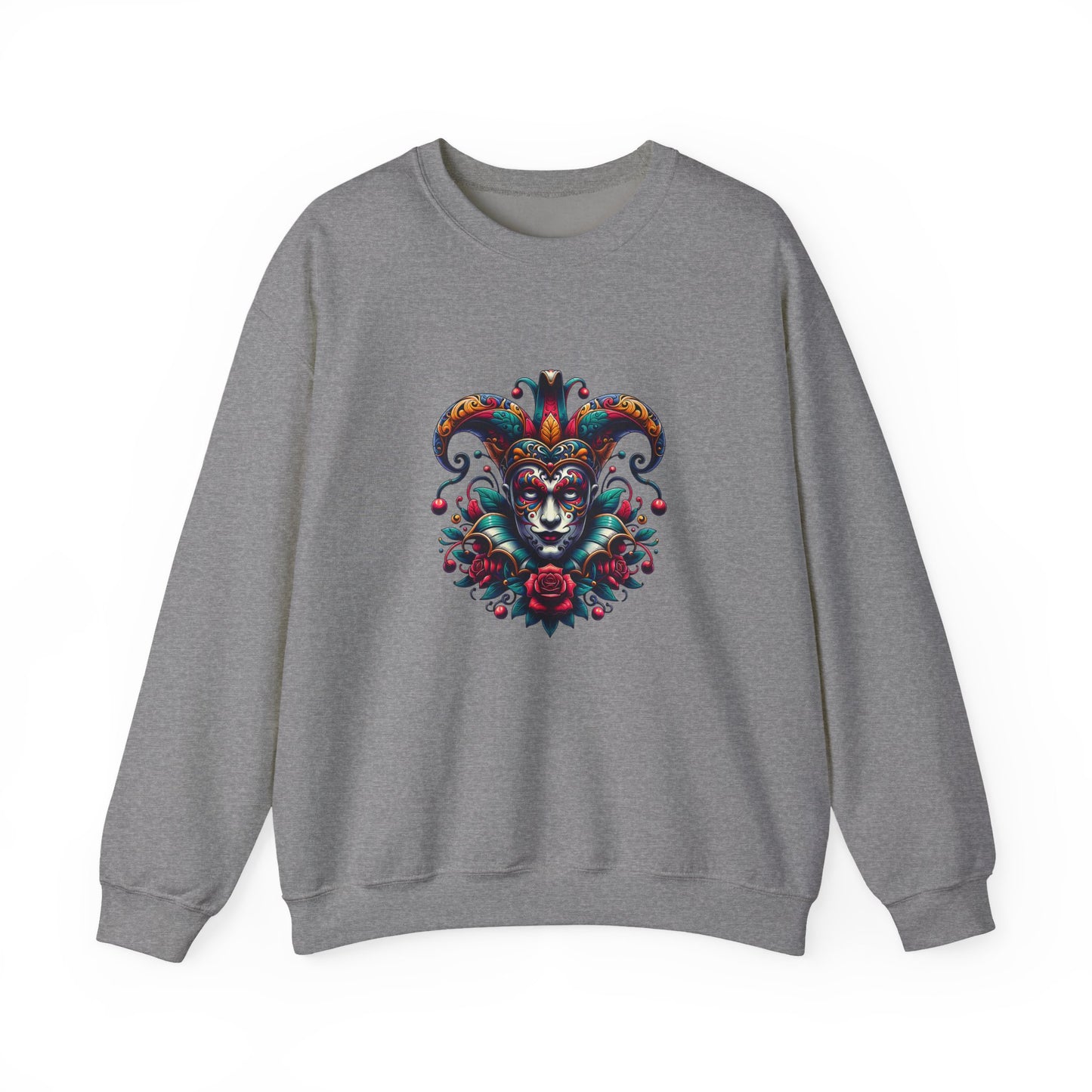 Colorful Jester Sweatshirt, Unisex Heavy Blend Crewneck, Unique Art Apparel, Trendy Fashion, Cozy Gift for Adults