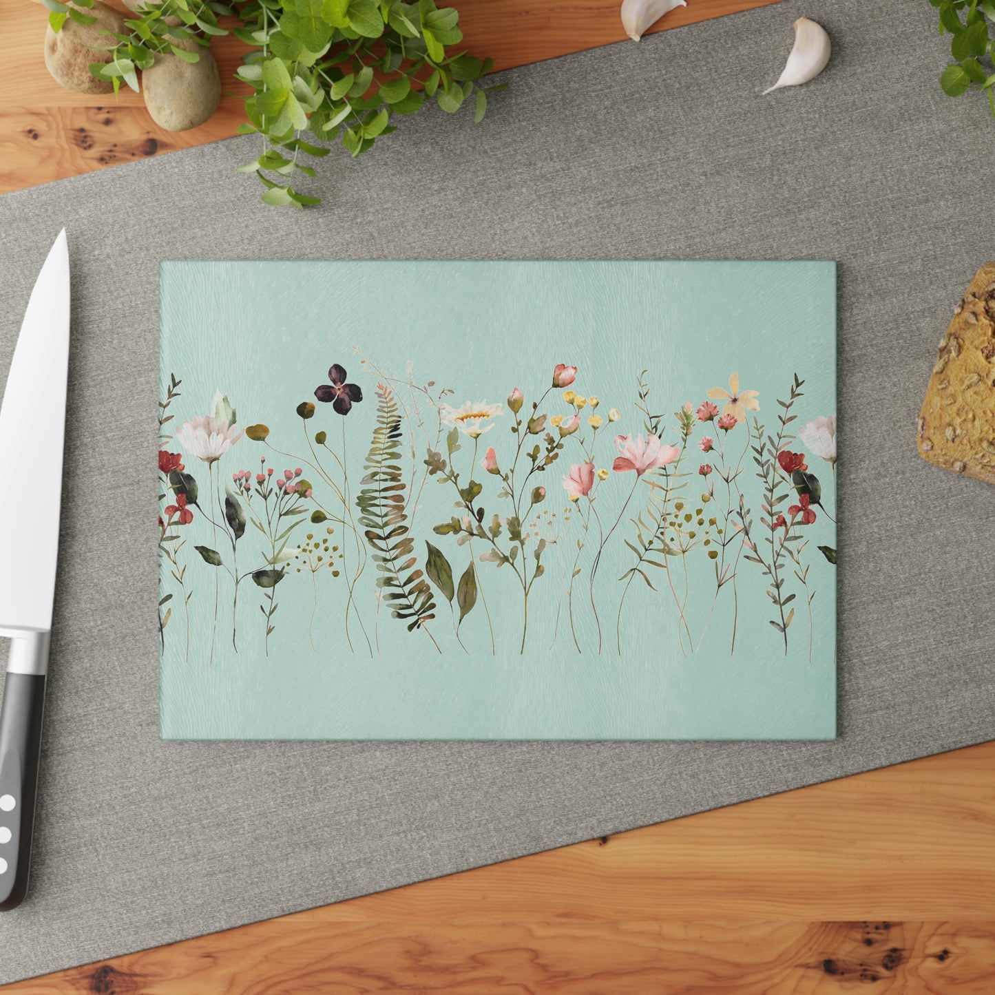 Floral Meadow Glass Cutting Board — Mint Wildflower Kitchen Prep Board