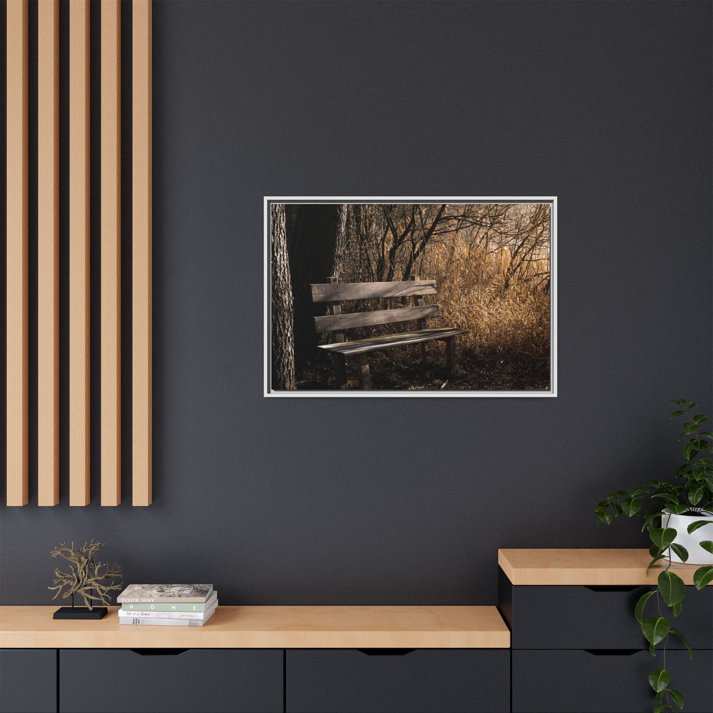 Framed Matte Canvas Print — Autumn Park Bench Photography