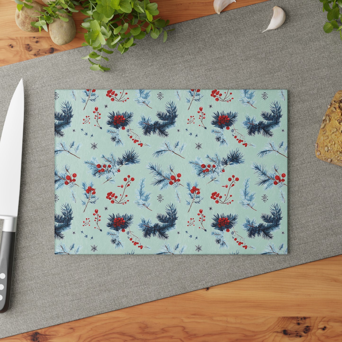 Winter Berries Glass Cutting Board — Festive Pine & Holly Kitchen Cutting Board