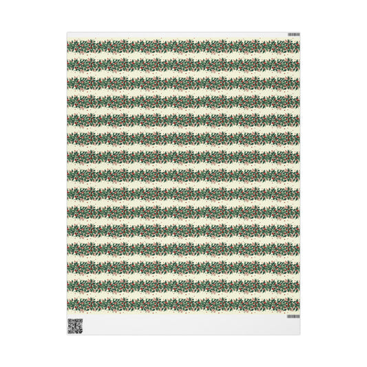 Wrapping Paper Roll — Festive Green Wreath & Red Berry Holiday Wrap