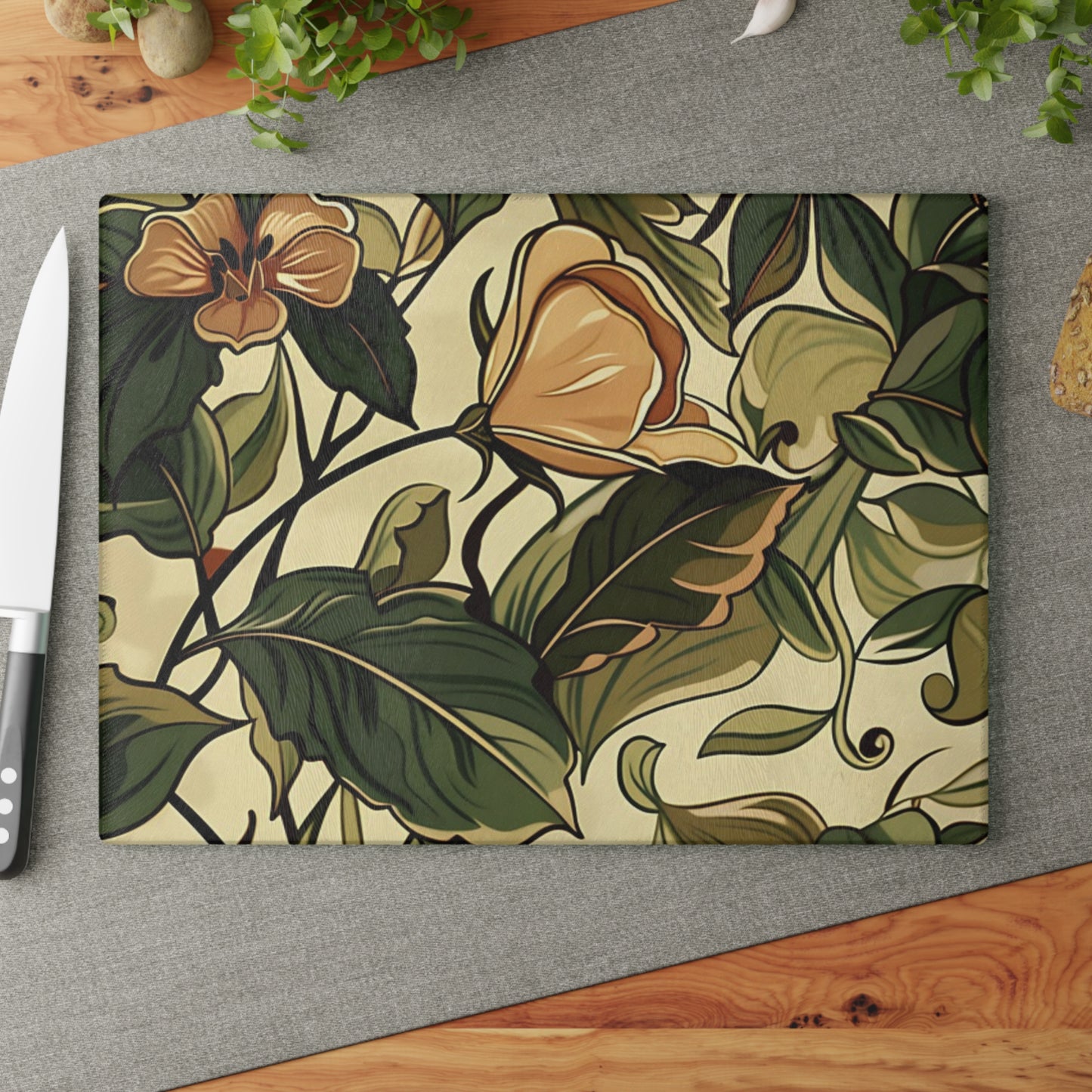 Floral Vine Glass Cutting Board — Vintage Botanical Design