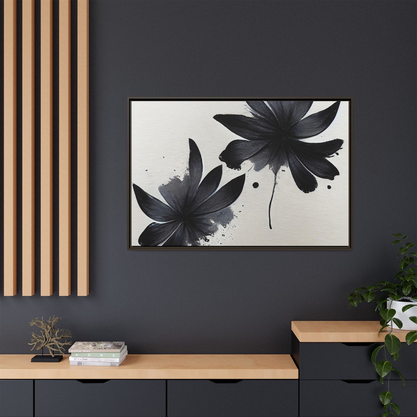 Framed Black Floral Matte Canvas Wall Art — Monochrome Botanical Print