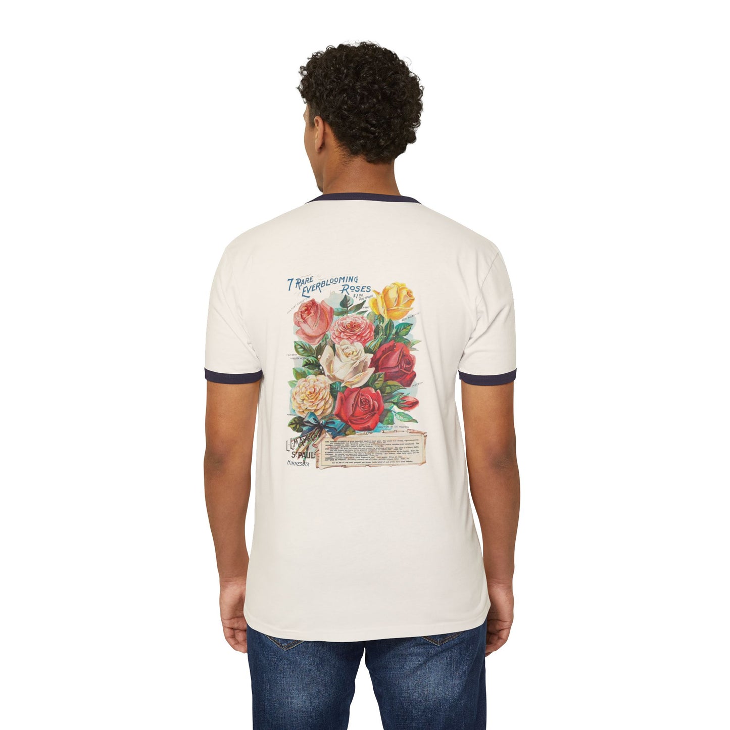 Vintage Floral Ringer Tee – '7 Rare Ever-Blooming Roses' Retro Bouquet Graphic
