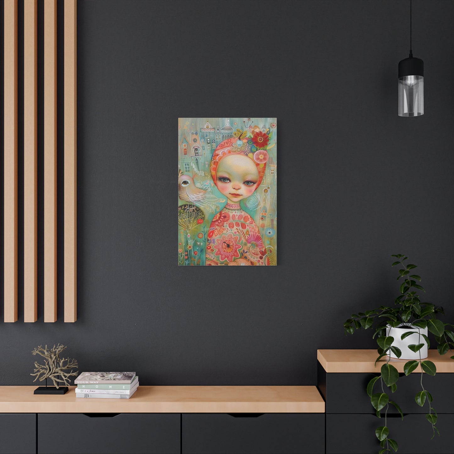 Whimsical Girl & Bird Matte Canvas Wall Art — Stretched Decorative Painting