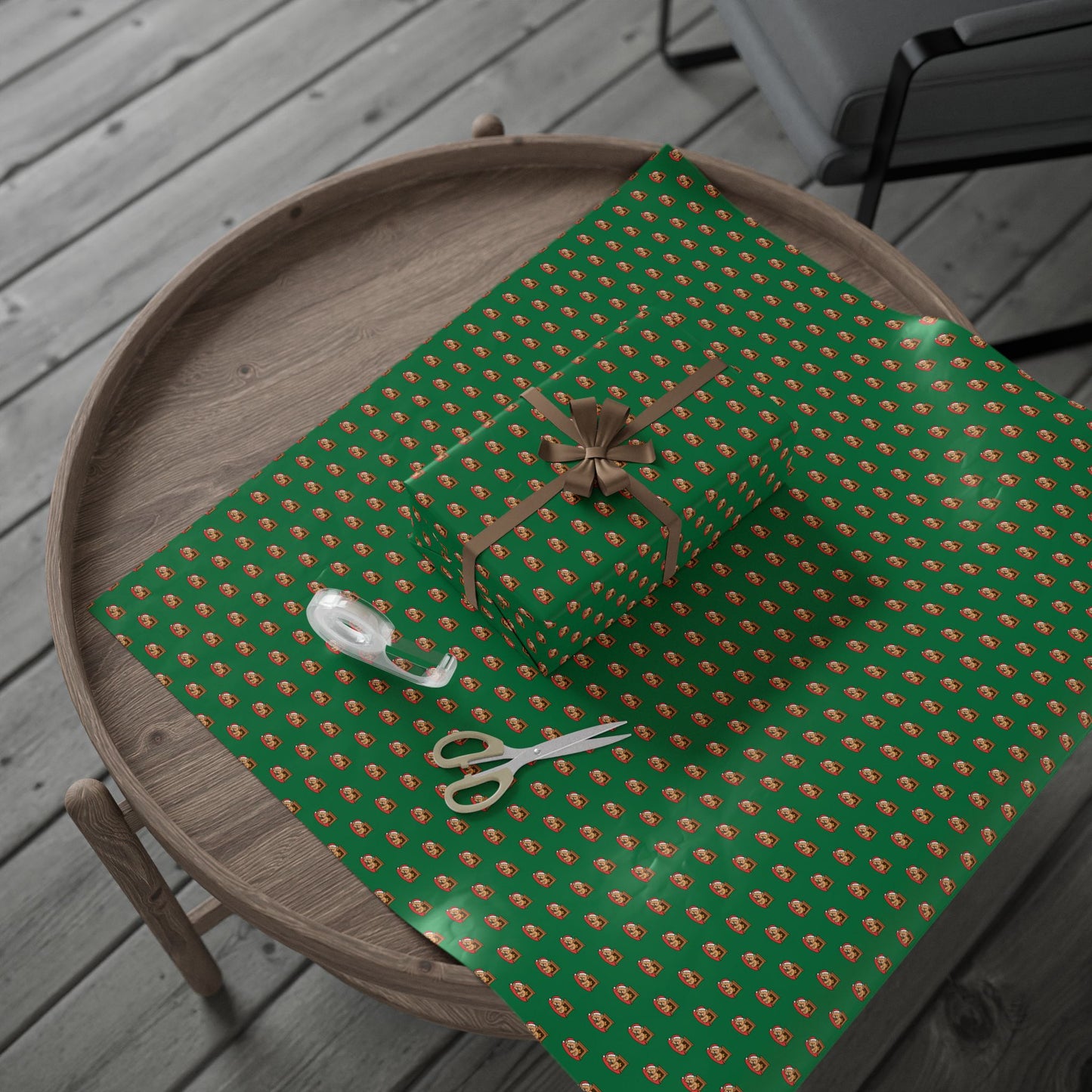 Christmas Green Wrapping Paper Roll with Festive Santa Face Pattern