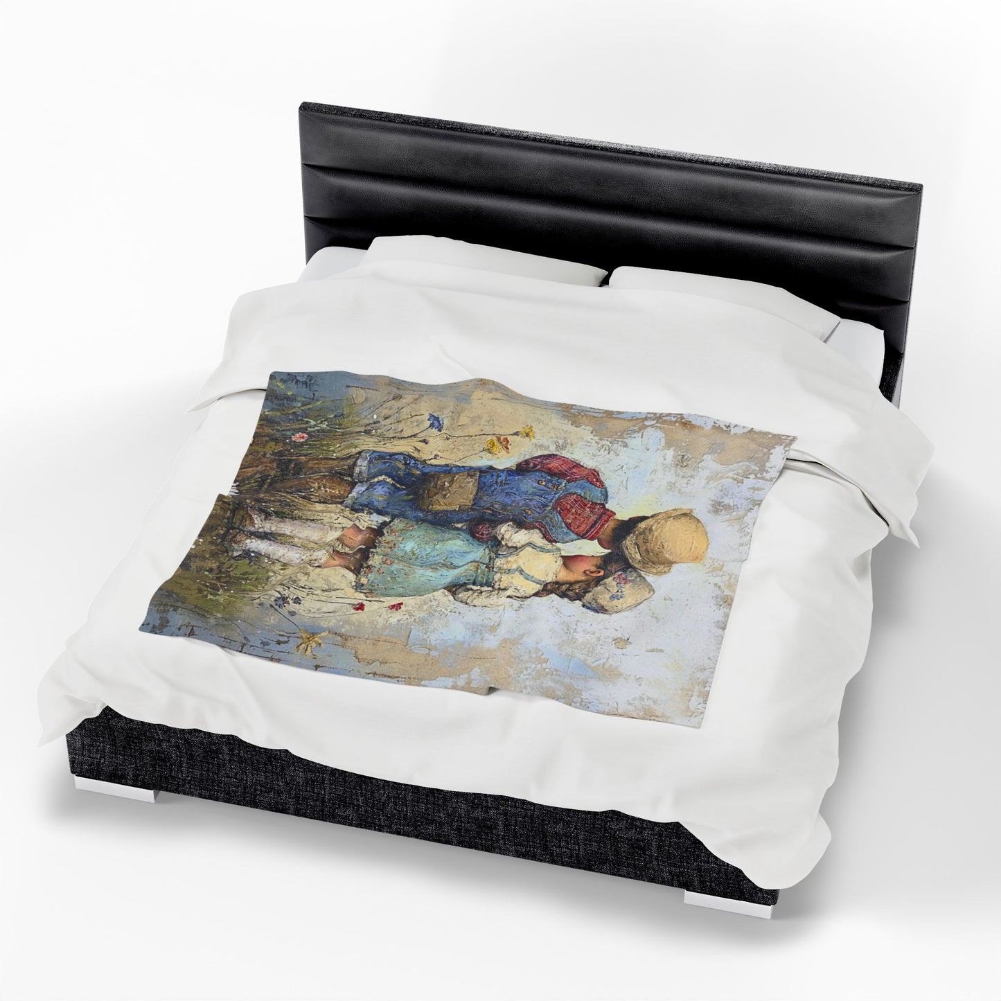 Vintage Children Standing Together Velveteen Plush Blanket — Rustic Nursery Throw