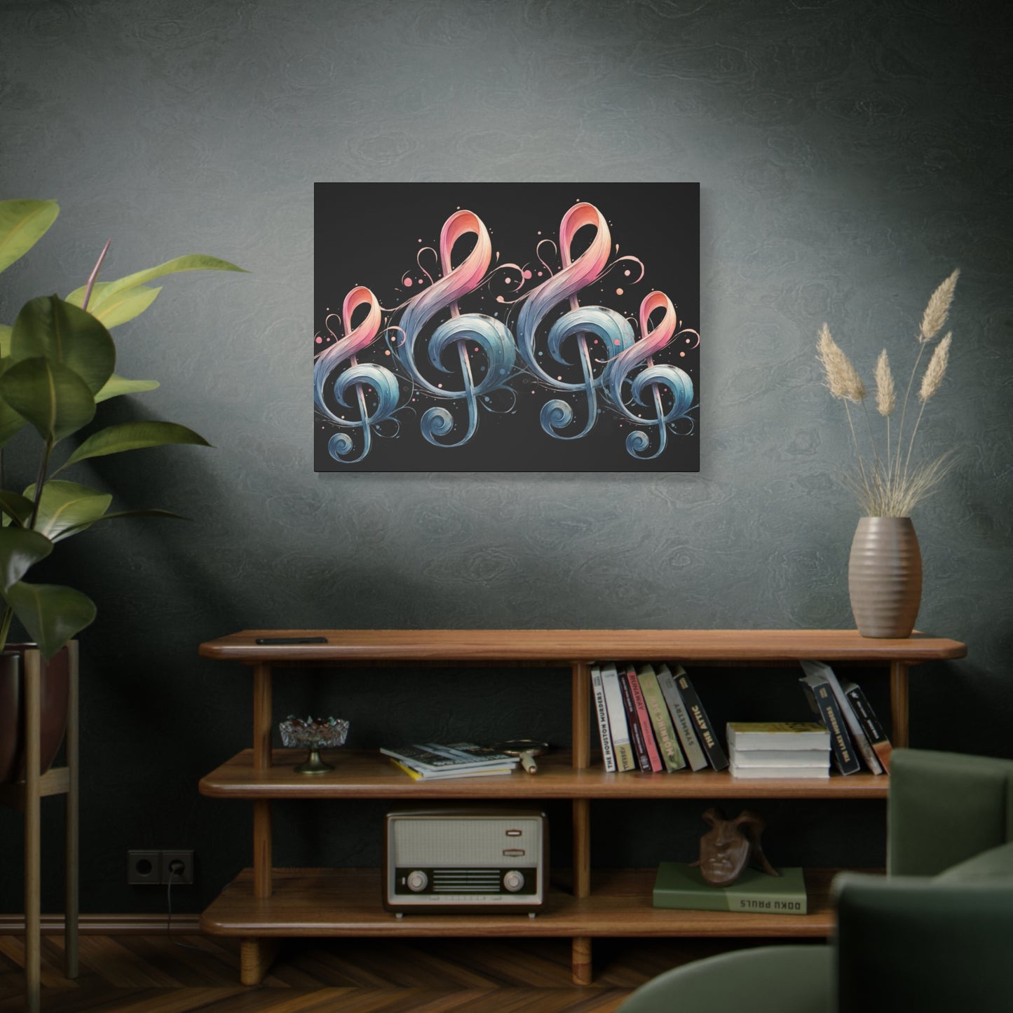 Musical Treble Clef Canvas Wall Art — Pastel Ribbon Notes on Black