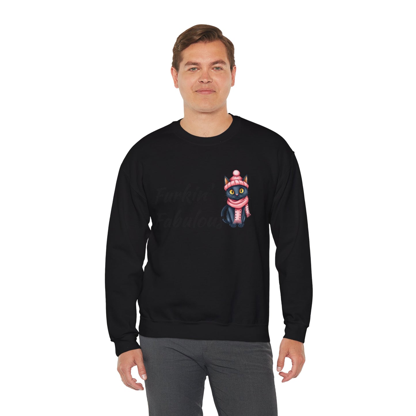 Crewneck Sweatshirt — "Furkin' Fabulous" Cute Black Cat in Pink Hat & Scarf