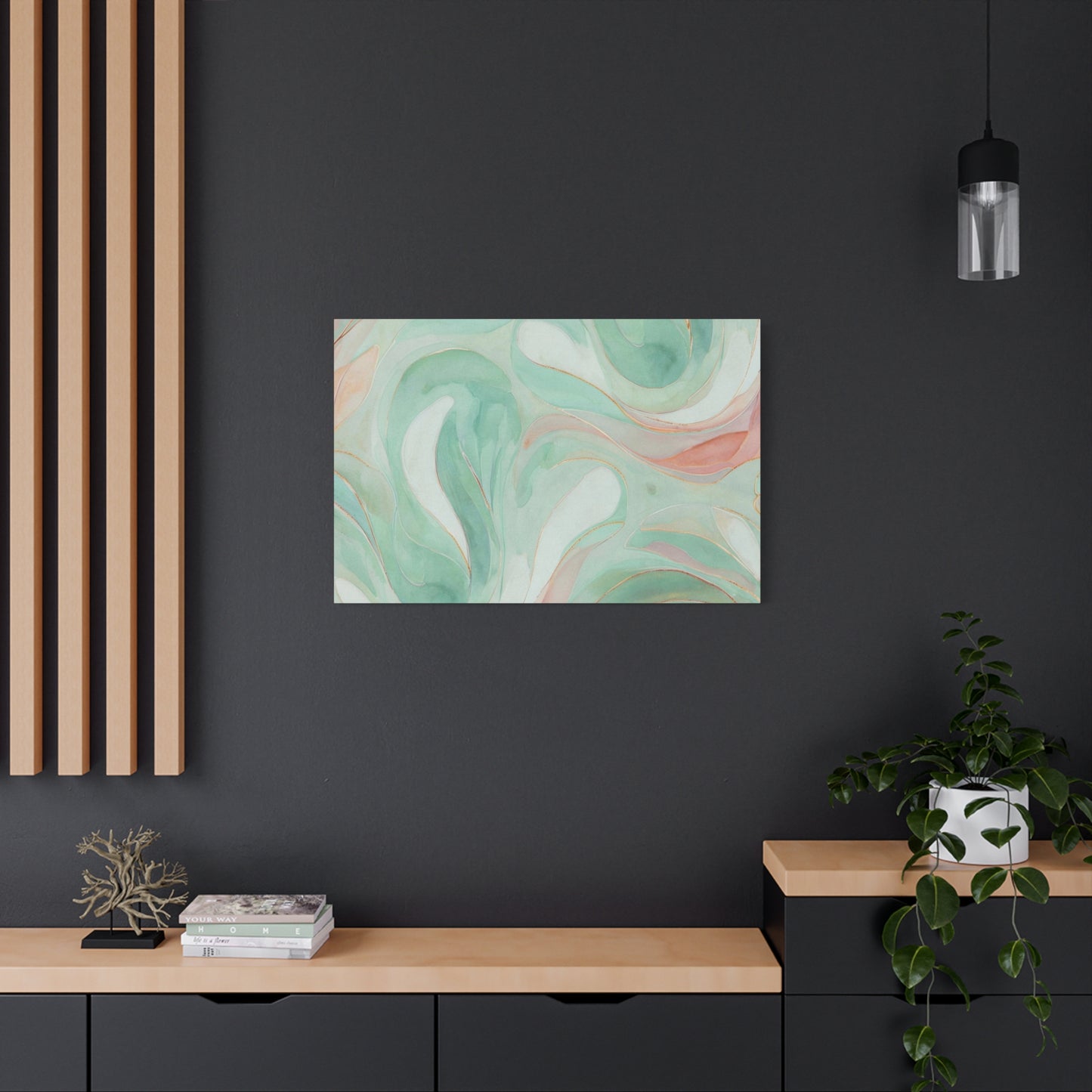 Abstract Green Marble Canvas Print — Teal & Coral Swirl Wall Art