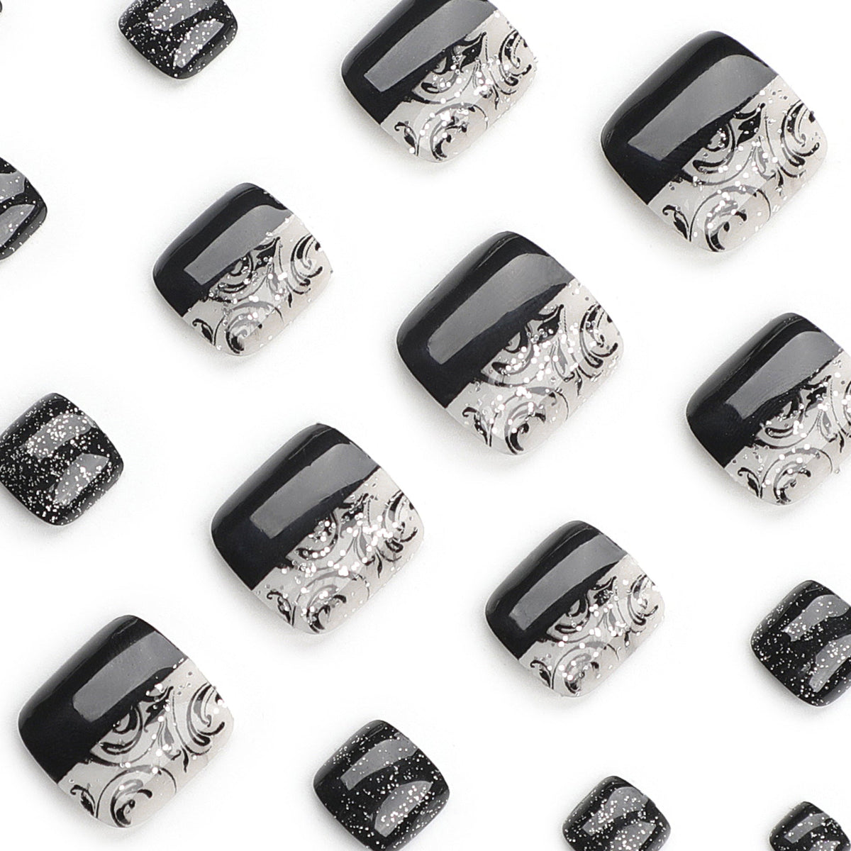 365nails: "Black Silver Glitter Square Toenails" – Split Design Press-on Toenails – Image 3