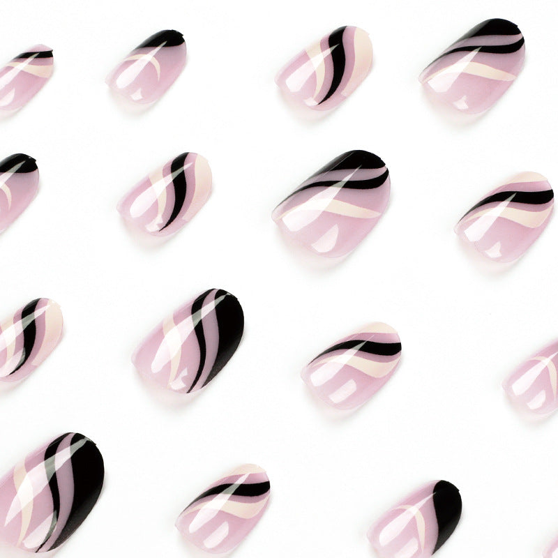 Press on armor, French simple black and white wavy lines Press on armor, short nails art Press on nails press on – Image 3