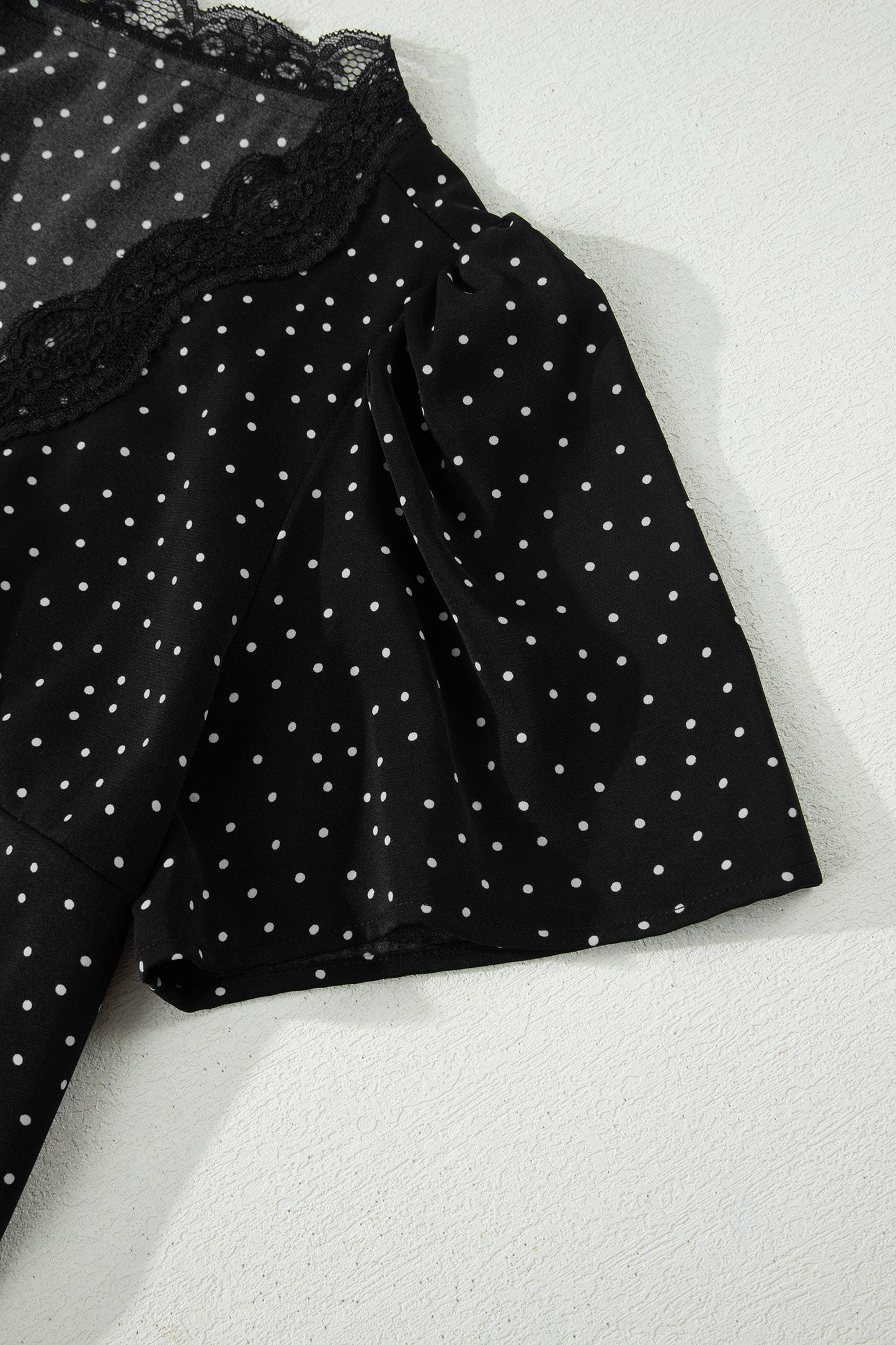 Black Polka Dot Print Lace Trim Wrap Mini Dress