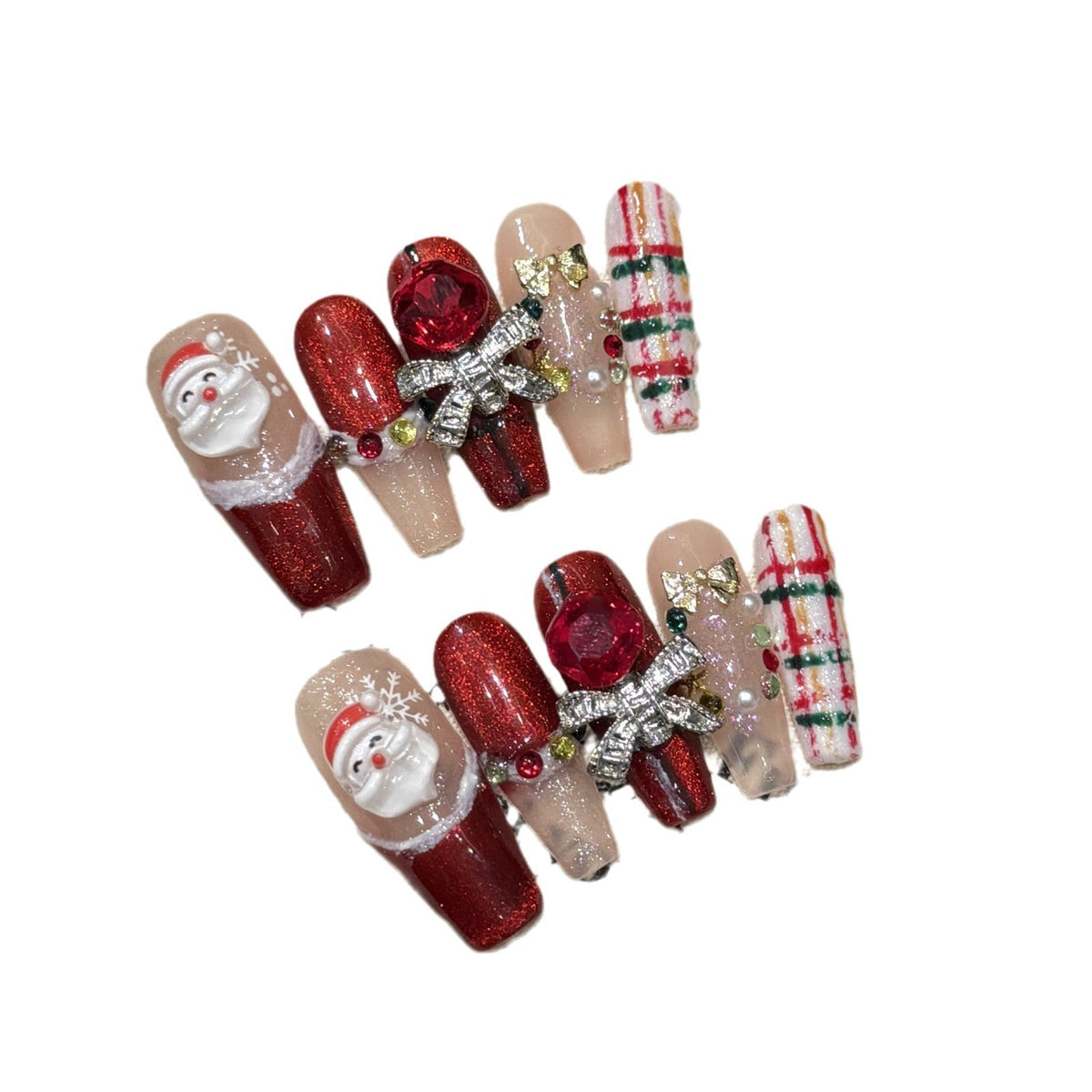 Luxury Santa Christmas Press‑On Nails – Red Plaid & Bow Design – Image 4