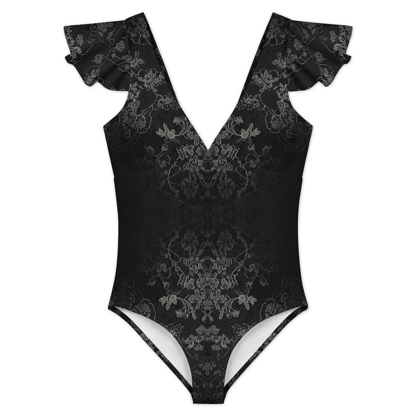 V Neck Flutter Sleeve One Piece Swimsuit Elegant Black