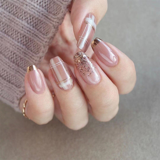 Press-on nails finished product wholesale Press-on nails, French Phnom Penh gold foil plaid nail patch Press-on nails