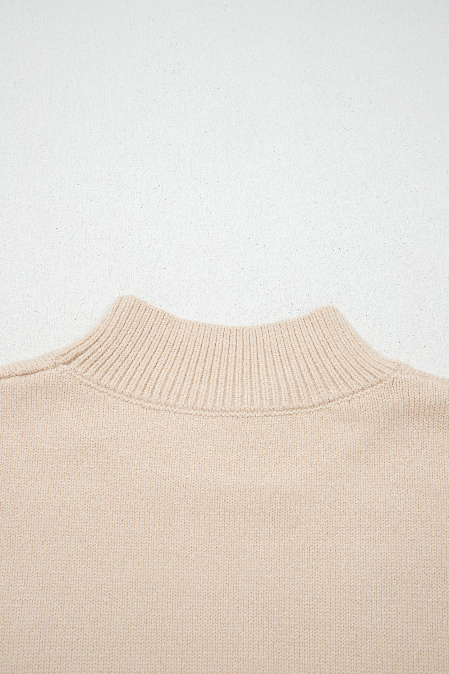 Parchment Corded Horseshoes Ribbed Trim Mock Neck Short Sleeve Sweater