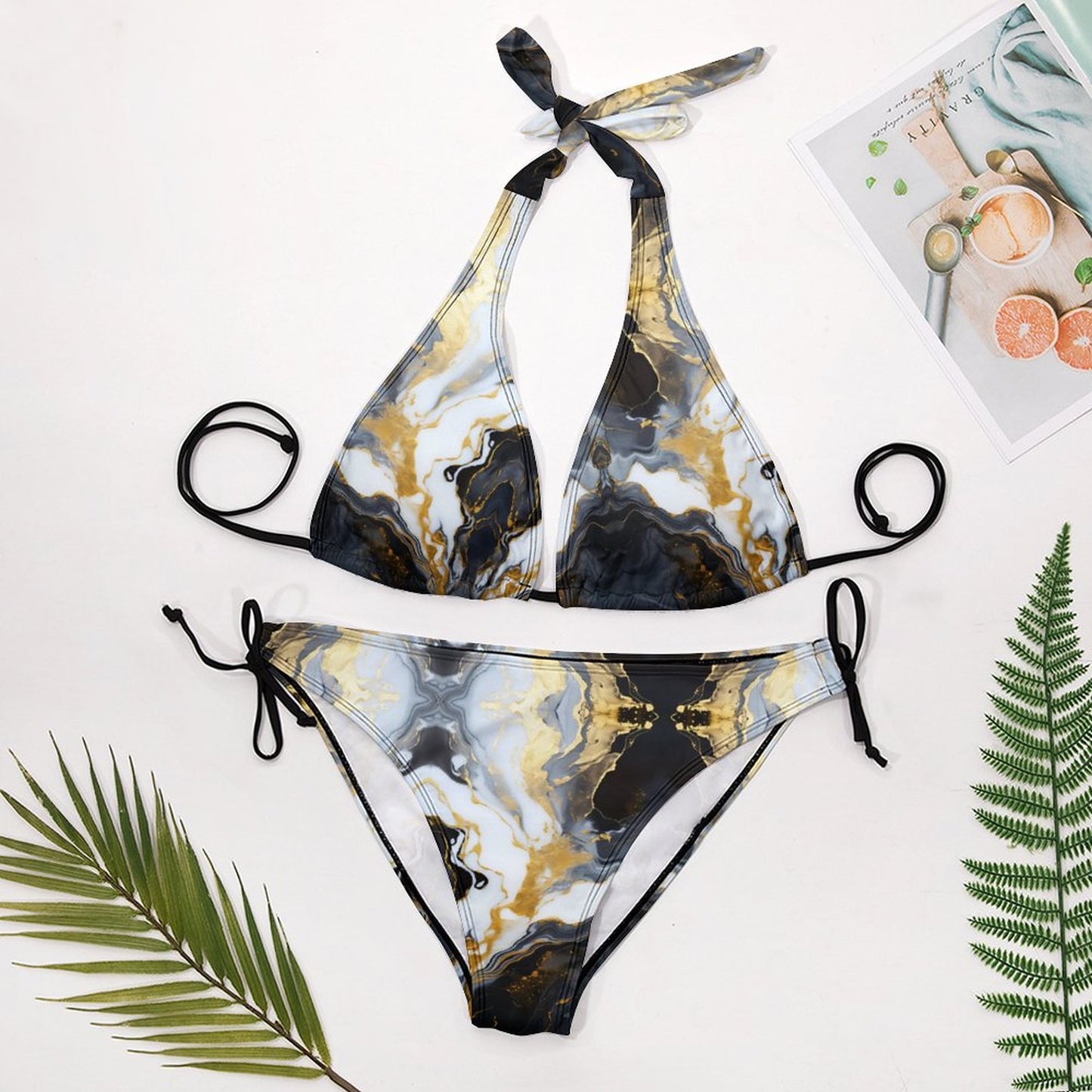 Two Piece Halter Swimsuit Black Marble