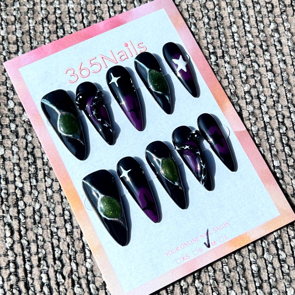 365nails: "Witchy Vibes" – Abstract Swirl & Star Handmade Stiletto Nails – Image 2