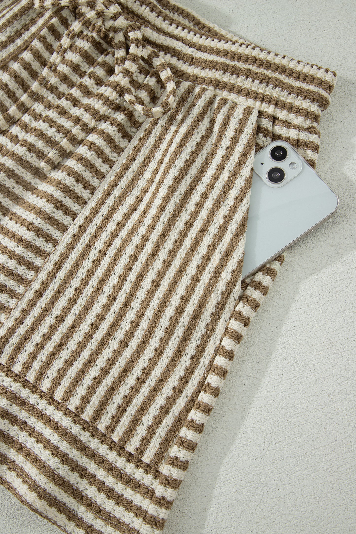 Brown Stripe Breathable Textured Knit Short 2pcs Set