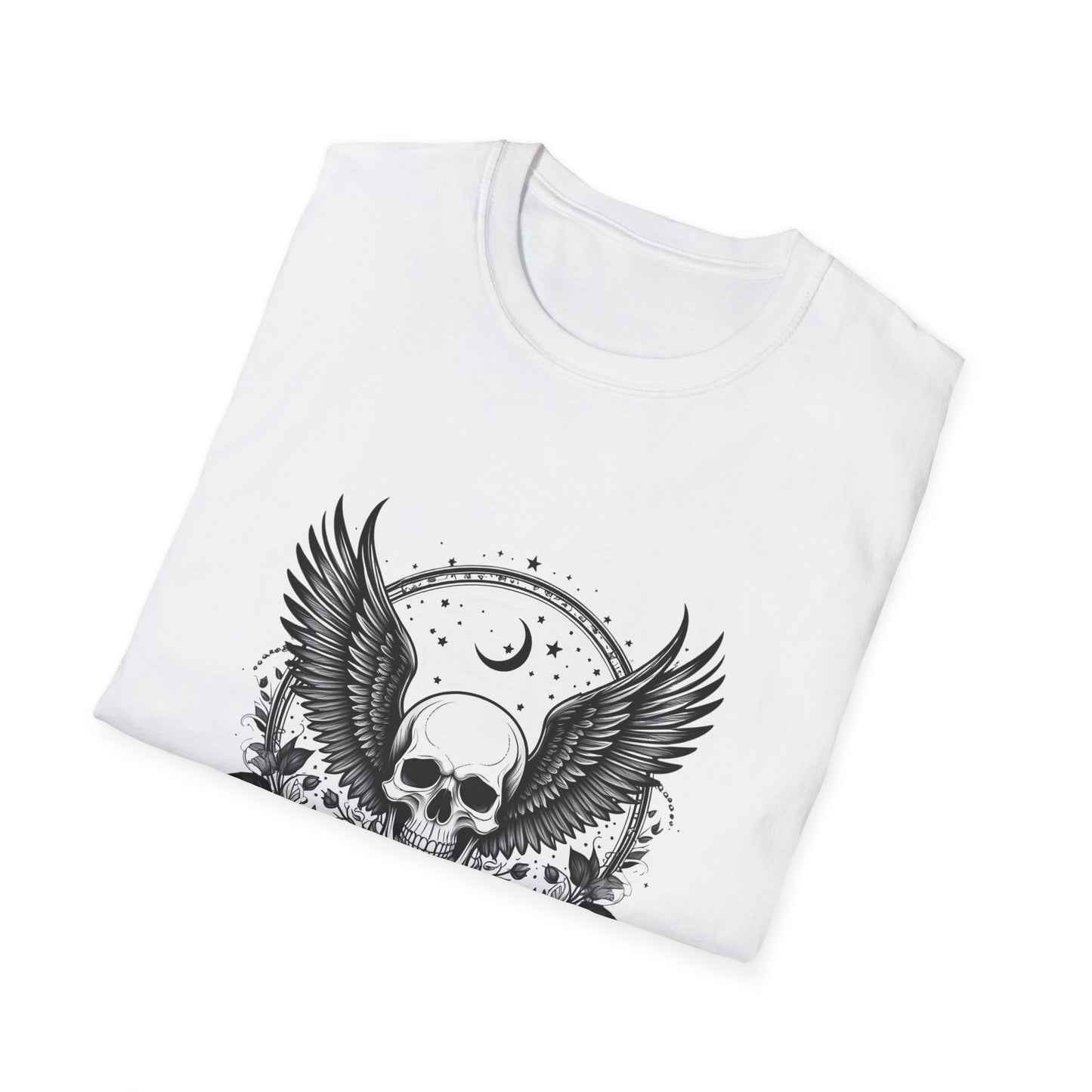 Skull Wings T‑Shirt – Crescent Moon & Red Roses Gothic Graphic Tee