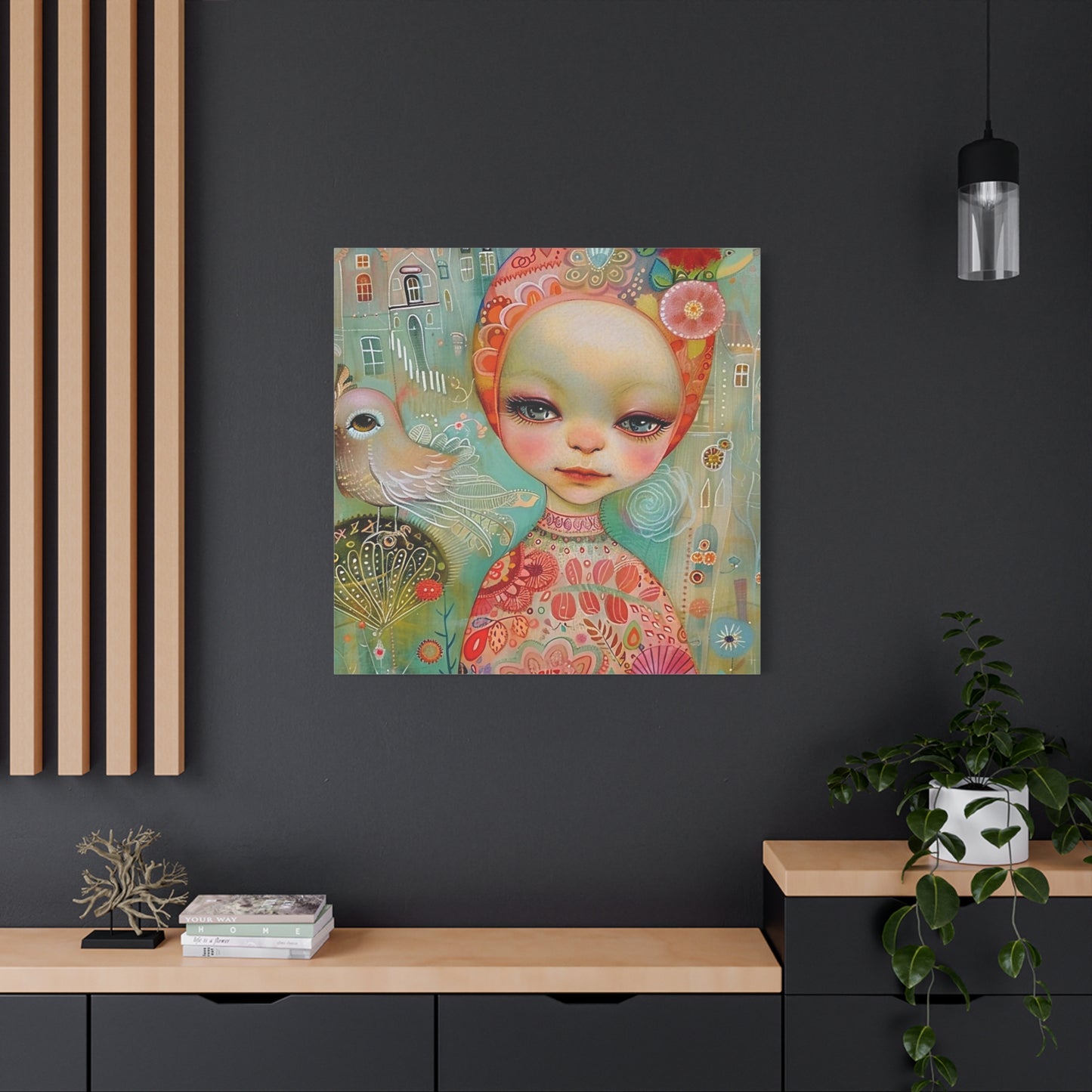 Whimsical Girl & Bird Matte Canvas Wall Art — Stretched Decorative Painting