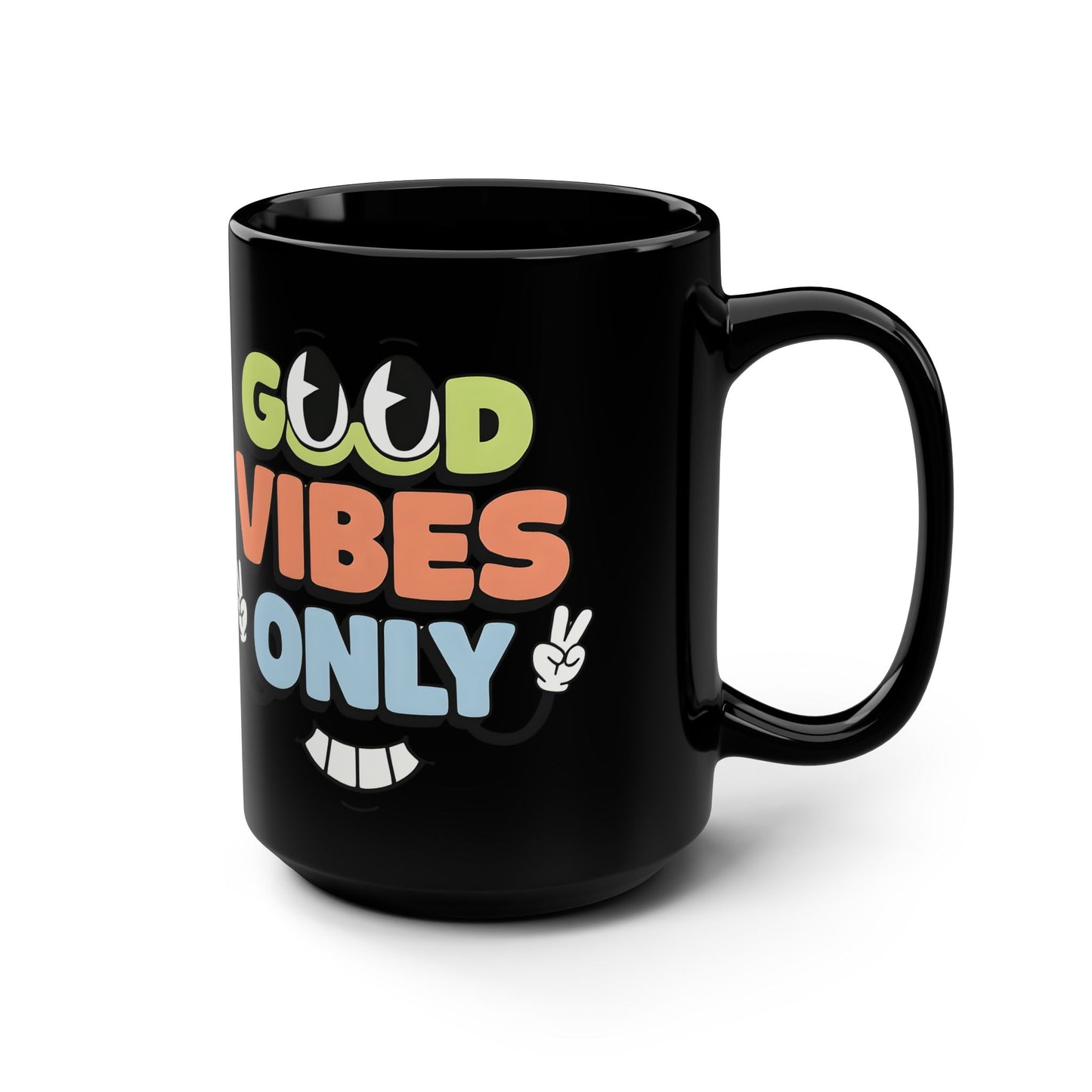 Good Vibes Only Black 15oz Mug — Retro Peace Sign Coffee Cup