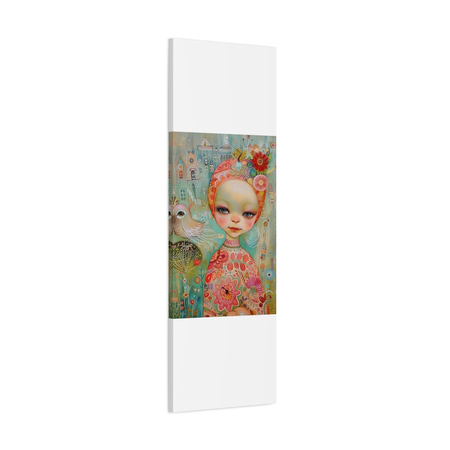 Whimsical Girl & Bird Matte Canvas Wall Art — Stretched Decorative Painting