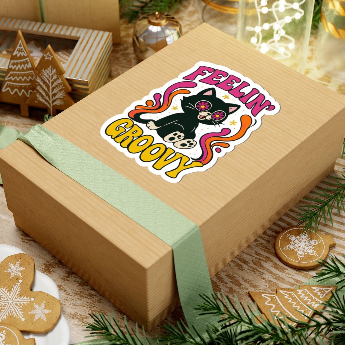 Feelin' Groovy Cat Kiss-Cut Sticker — Retro Psychedelic Floral Eyes
