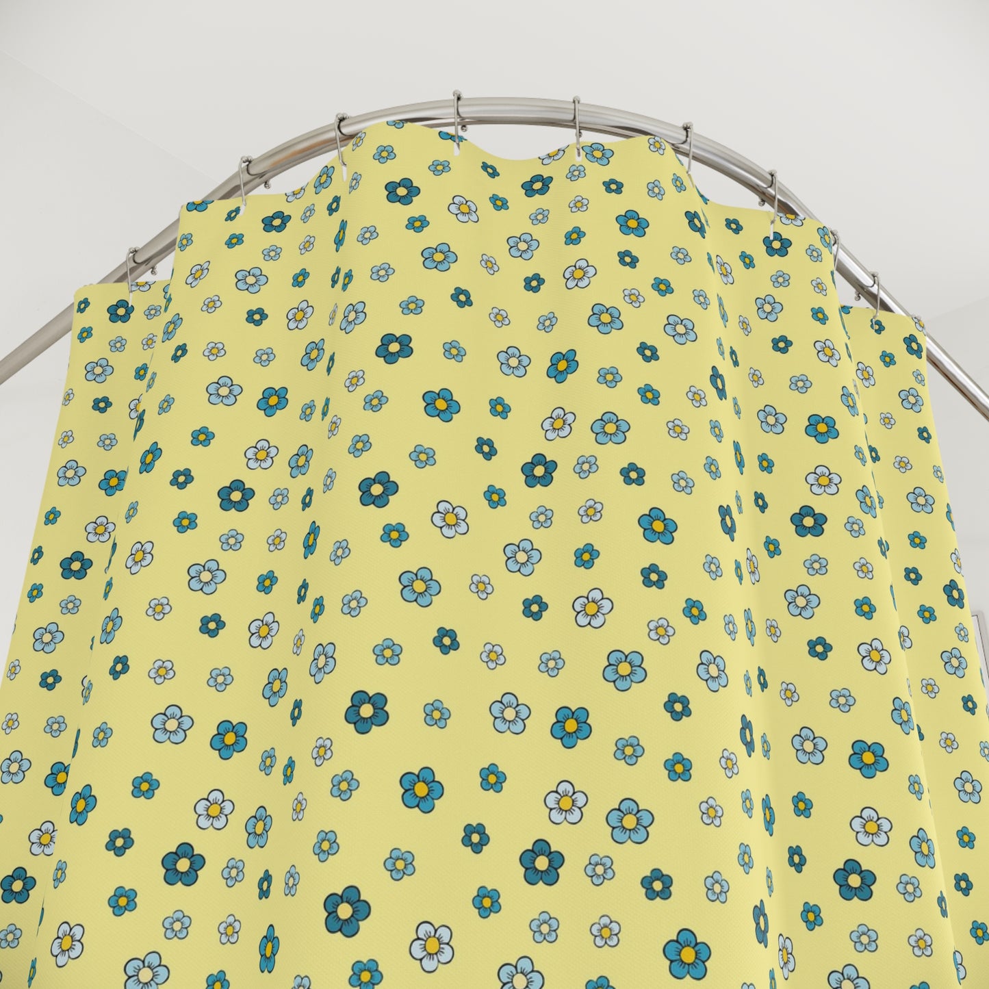 Floral Dot Shower Curtain — Yellow Blue Retro Flower Pattern