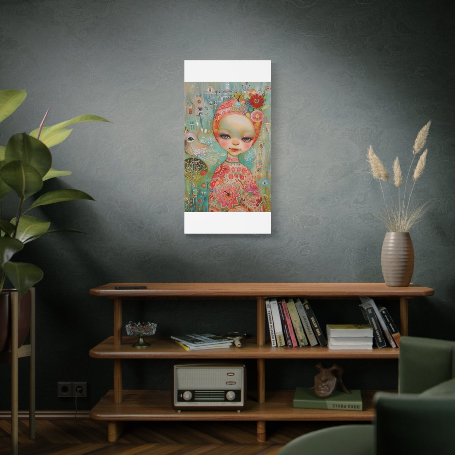 Whimsical Girl & Bird Matte Canvas Wall Art — Stretched Decorative Painting