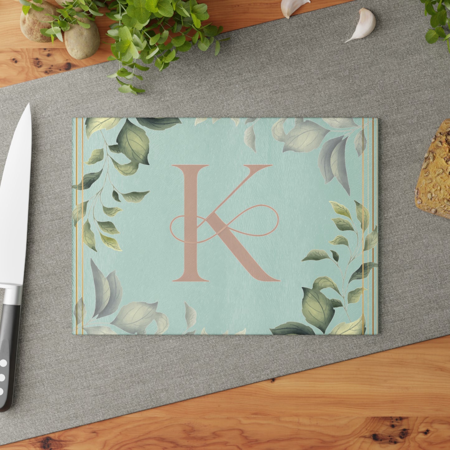 Monogram K Glass Cutting Board — Botanical Greenery Initial Kitchen Serving Board
