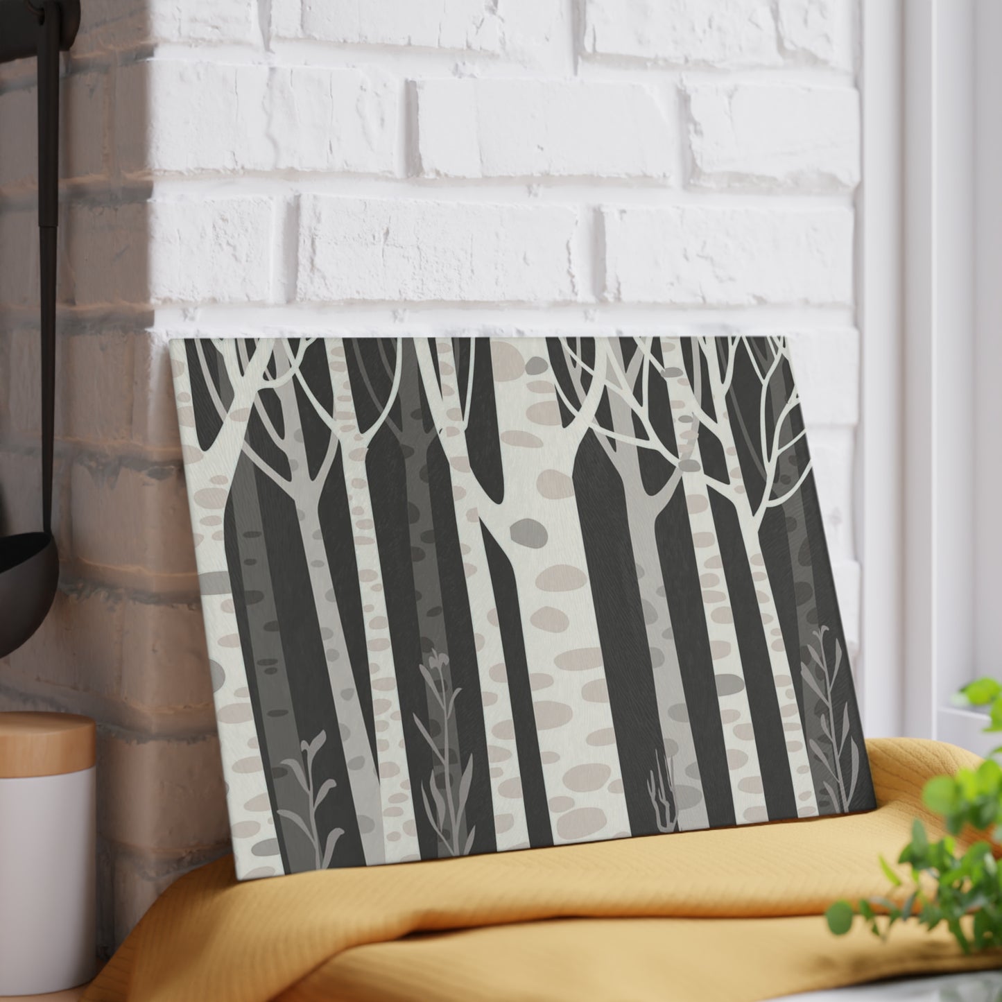 Birch Forest Glass Cutting Board – Monochrome Woodland Kitchen Decor