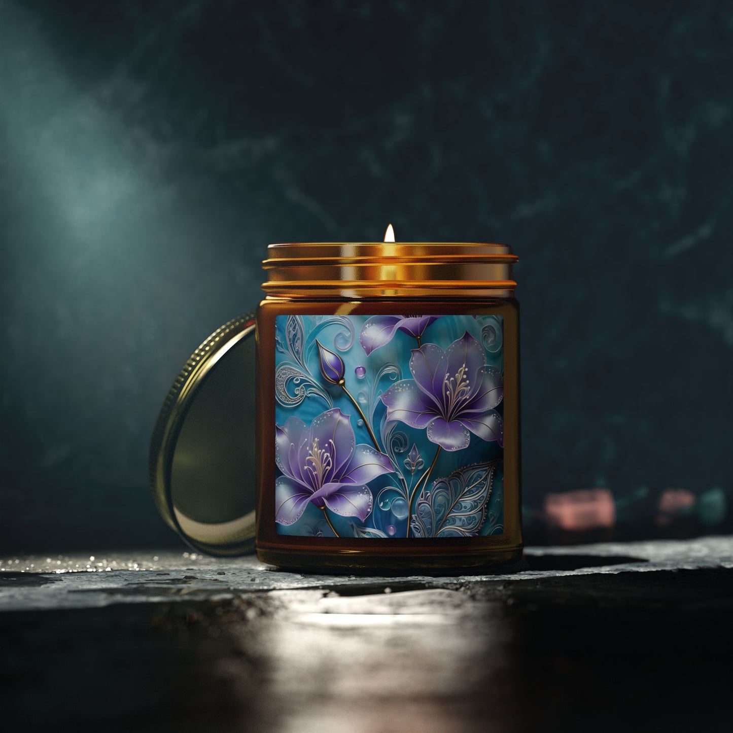 Scented Candle — Coconut Apricot Wax (4oz & 9oz) with Blue Floral Art