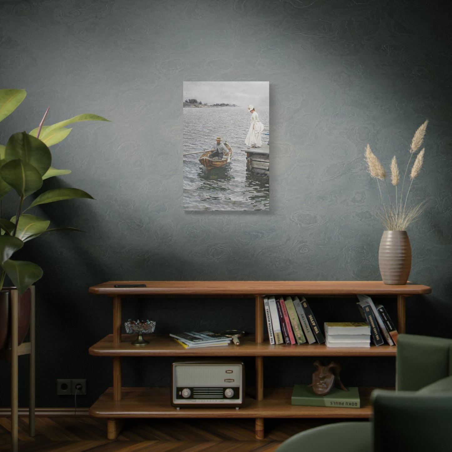Seaside Stroll Canvas Print — Vintage Woman & Rowboat Matte Stretched Art 1.25"