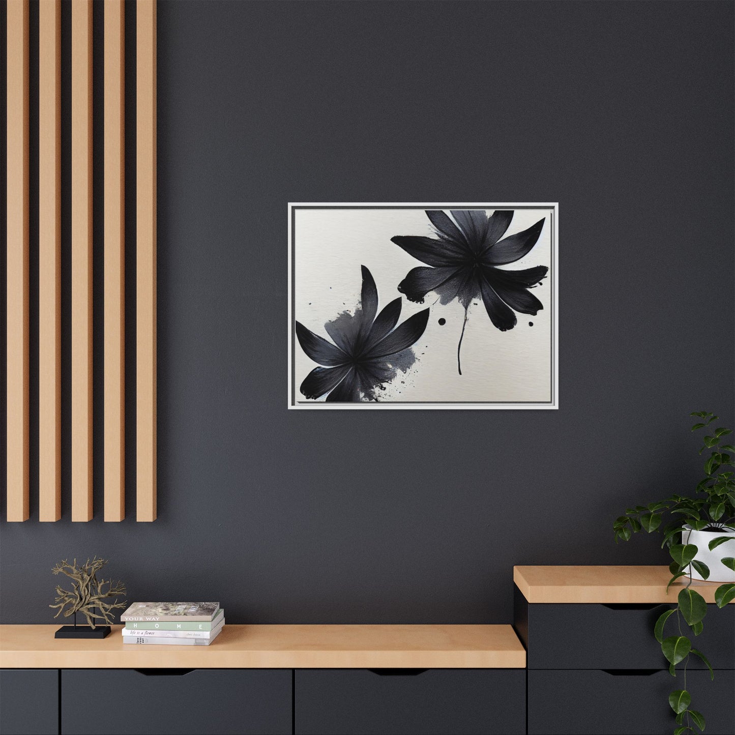 Framed Black Floral Matte Canvas Wall Art — Monochrome Botanical Print