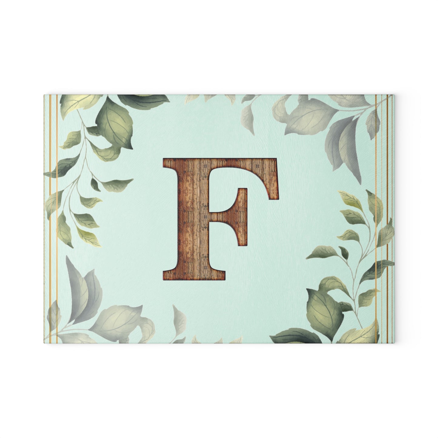 Monogram Glass Cutting Board – Rustic Wood 'F' with Greenery Border