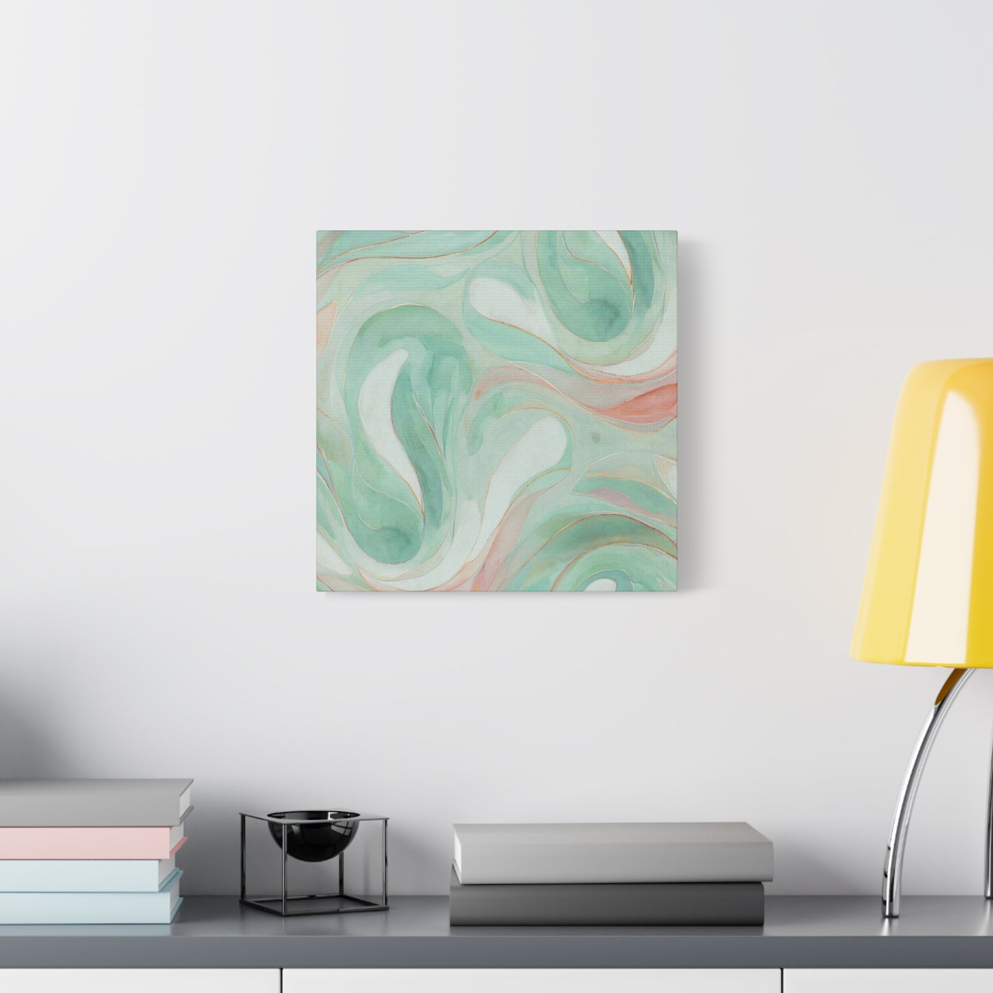 Abstract Green Marble Canvas Print — Teal & Coral Swirl Wall Art