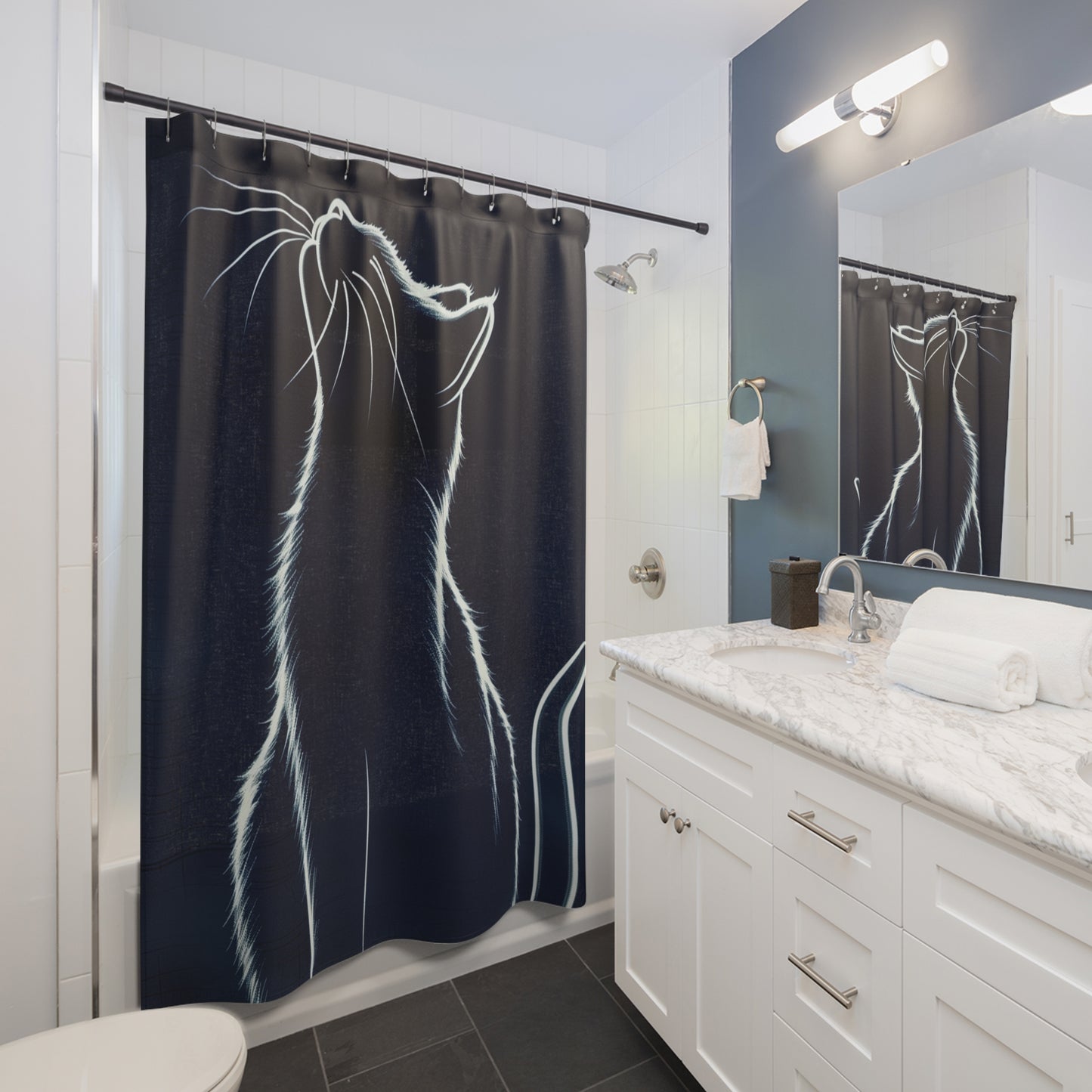 Cat Silhouette Shower Curtain — Minimalist Nighttime Kitty Bathroom Décor