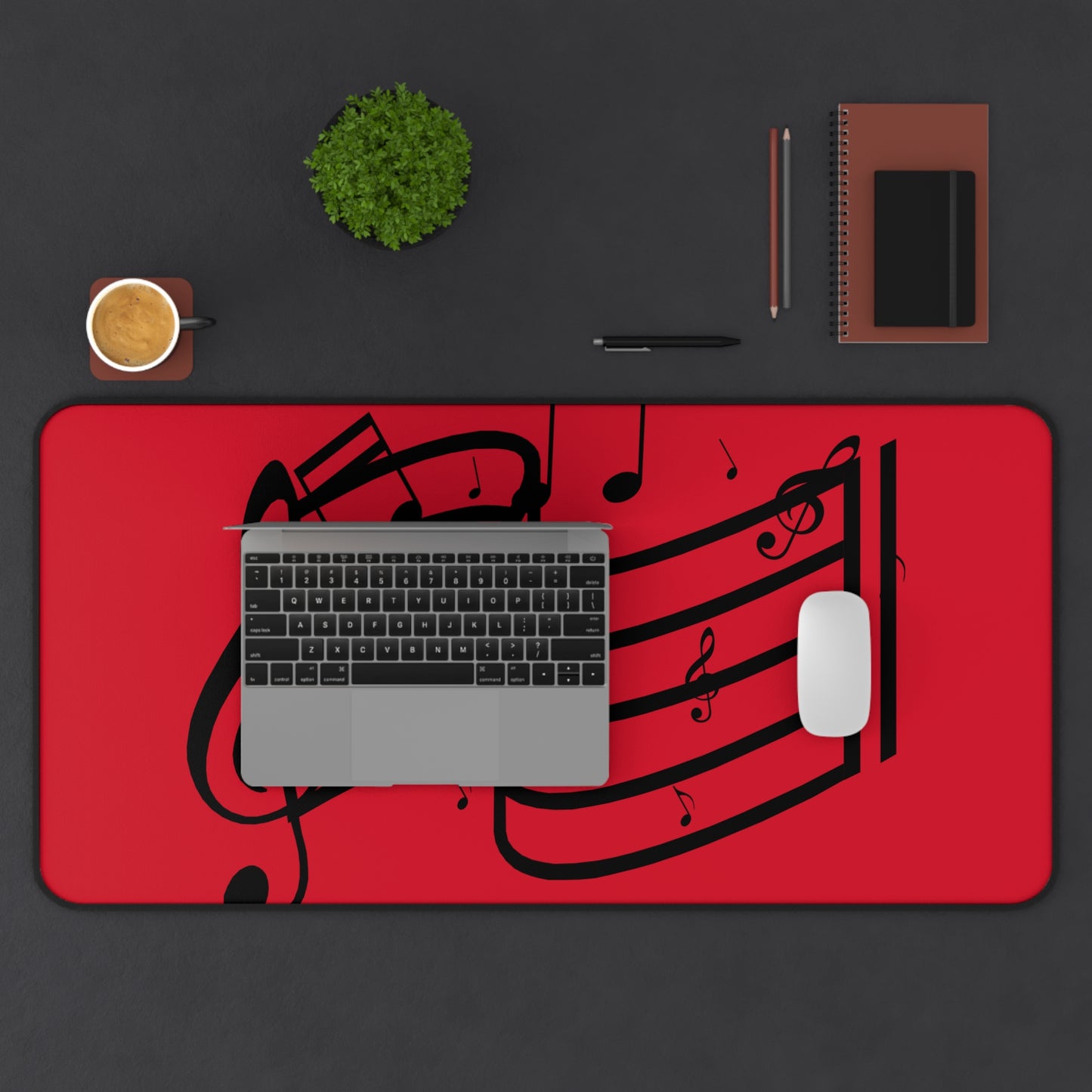 Music Notes Red Desk Mat – Musical Staff Mouse Pad for Musicians & Home Office