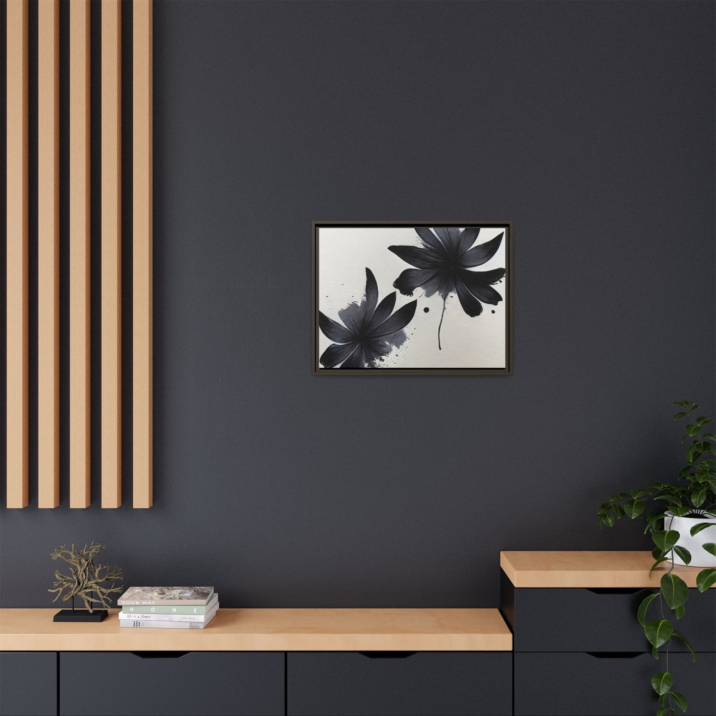 Framed Black Floral Matte Canvas Wall Art — Monochrome Botanical Print