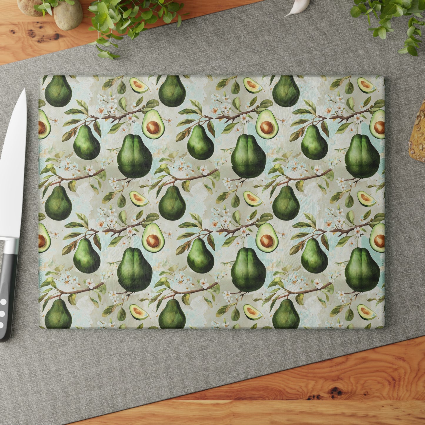 Avocado Pattern Glass Cutting Board — Decorative Kitchen Chopping Board