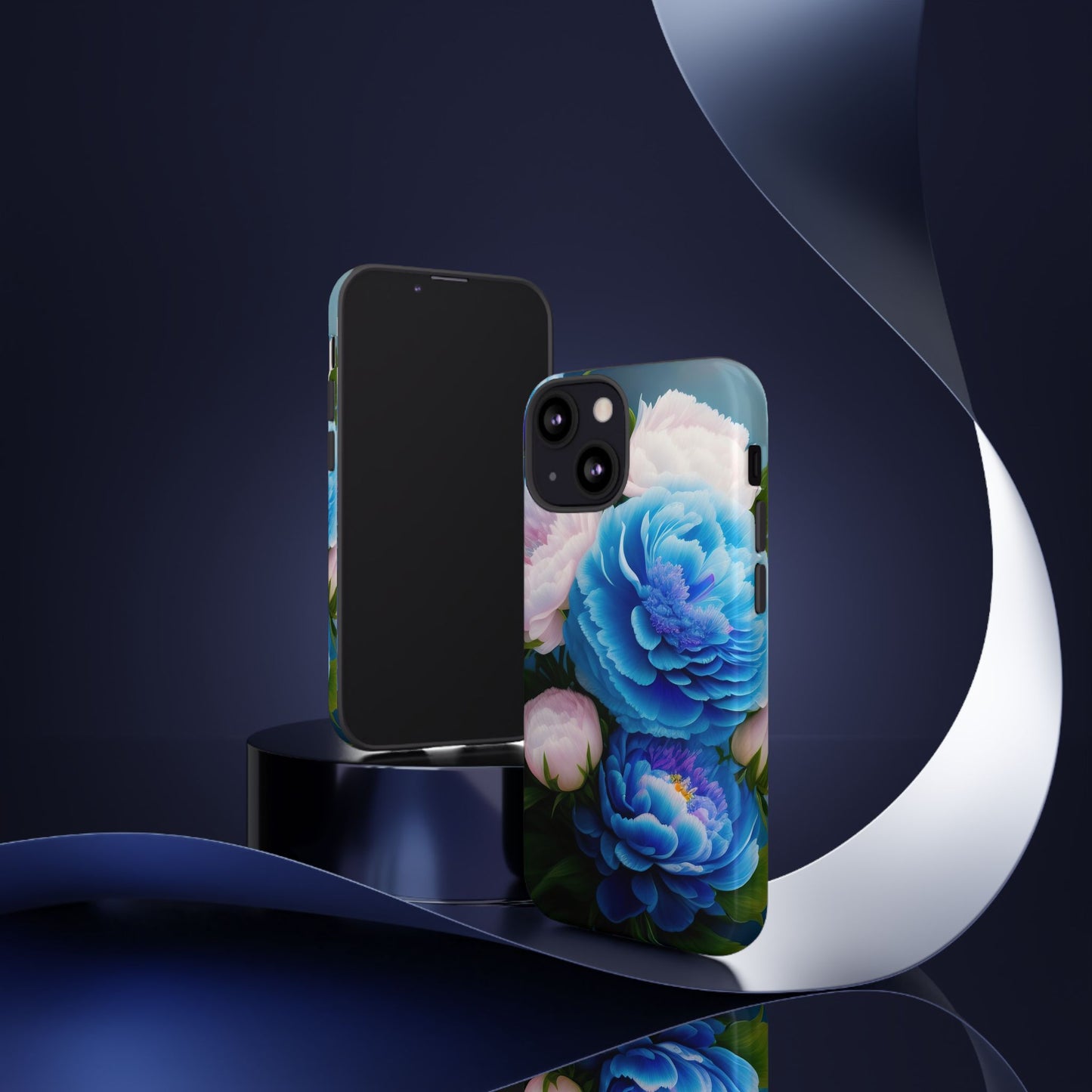 Floral Blue Peony Phone Case — Protective Tough Case with Pink & Blue Blooms