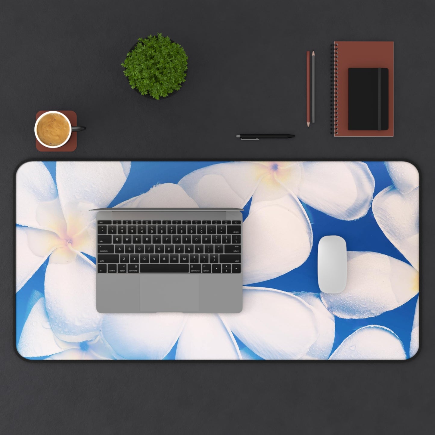 Plumeria Floral Desk Mat — Tropical White Flower Mouse Pad